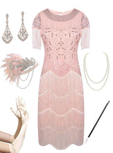 Load image into Gallery viewer, Pink Gatsby Glitter Fringe 1920s Flapper Dress Set