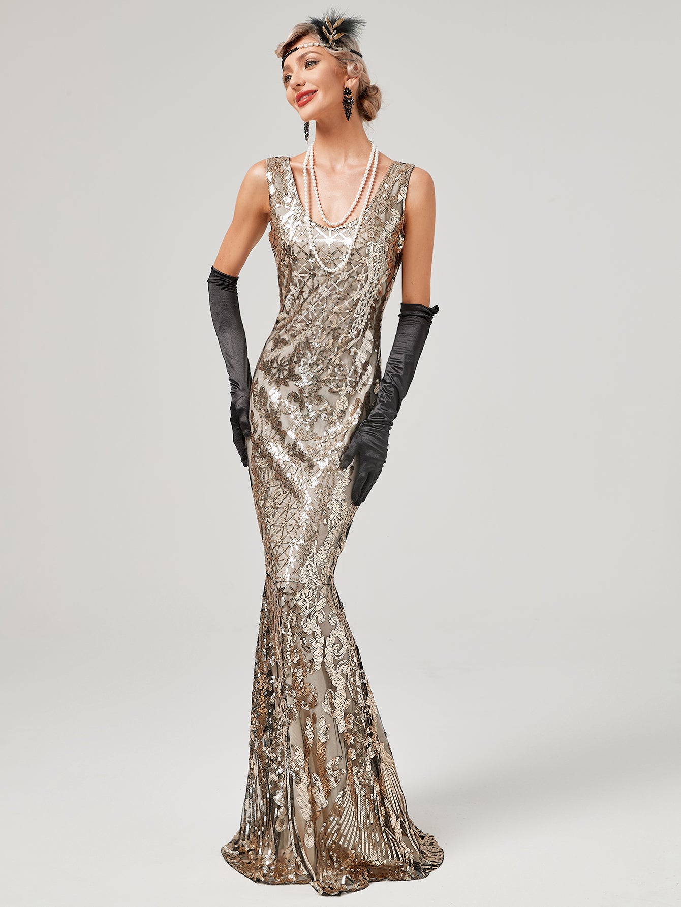 Gold 1920S Sequined Fringe Flapper Maxi Dress, Gold / XS Gold 1920S Sequined Fringe Flapper Maxi Dress, Gold / XS