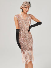 Load image into Gallery viewer, Pink V Neck Sequined Beaded Tassels 1920S Gatsby Dress