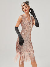 Load image into Gallery viewer, Pink V Neck Sequined Beaded Tassels 1920S Gatsby Dress