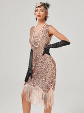 Load image into Gallery viewer, Pink V Neck Sequined Beaded Tassels 1920S Gatsby Dress