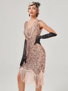 Pink V Neck Sequined Beaded Tassels 1920S Gatsby Dress