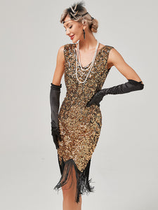 Pink V Neck Sequined Beaded Tassels 1920S Gatsby Dress
