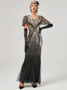 Wine Red 1920S Sequined Fringe Flapper Maxi Dress
