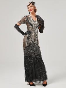 Wine Red 1920S Sequined Fringe Flapper Maxi Dress
