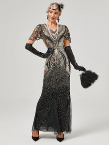 Wine Red 1920S Sequined Fringe Flapper Maxi Dress