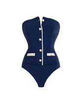 Load image into Gallery viewer, Women's Navy Blue Strapless One Piece Swimsuit with Detachable Shorts Swimwear Set