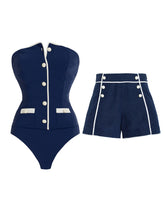 Load image into Gallery viewer, Women's Navy Blue Strapless One Piece Swimsuit with Detachable Shorts Swimwear Set