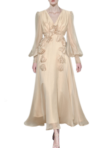 Apricot V-neck Lantern Sleeve Flower Maxi Party Dress
