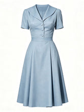 Load image into Gallery viewer, Vintage light blue short sleeve dress with large lapel collar, front matching buttons, and pleated swing skirt