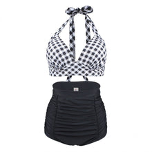 Load image into Gallery viewer, Vintage-Inspired Black Plaid Halter High-Waisted Bikini Set