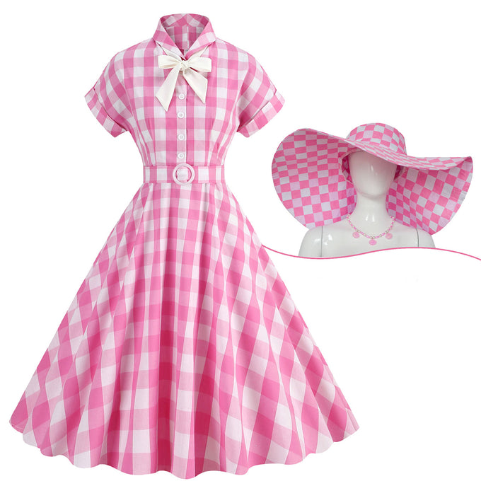 Pink And White Plaid Bow Collar Barbie Same Style 1950S Vintage Dress With Hat Set