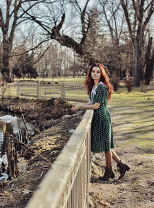 1950s Dark Green Polka Dots Puff Sleeve Vintage Dress
