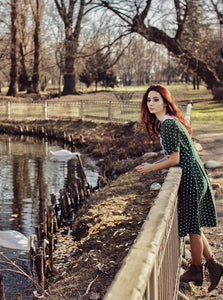1950s Dark Green Polka Dots Puff Sleeve Vintage Dress