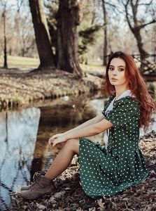 1950s Dark Green Polka Dots Puff Sleeve Vintage Dress