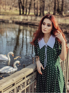 1950s Dark Green Polka Dots Puff Sleeve Vintage Dress