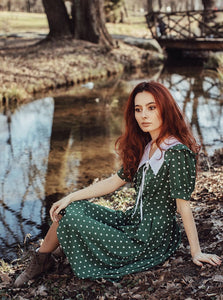1950s Dark Green Polka Dots Puff Sleeve Vintage Dress