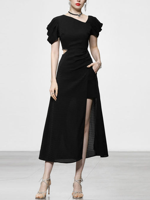 1960S Asymmetric Neck Waist Cutout Slit Party Sexy Dress