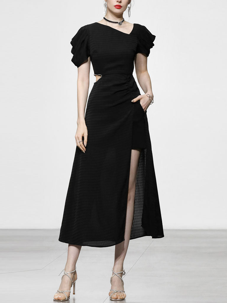 1960S Asymmetric Neck Waist Cutout Slit Party Sexy Dress
