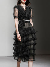 Load image into Gallery viewer, 2PS V-Neck Puff Sleeve Mesh Polka Dot Black Top And Cake Skirt Suit