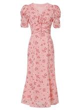 Load image into Gallery viewer, Pink V Neck Floral Print 1940S Mermaid Chiffon Dress