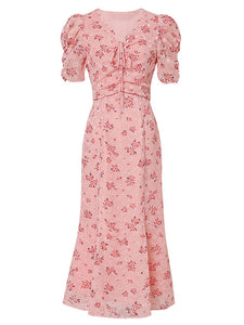 Pink V Neck Floral Print 1940S Mermaid Chiffon Dress