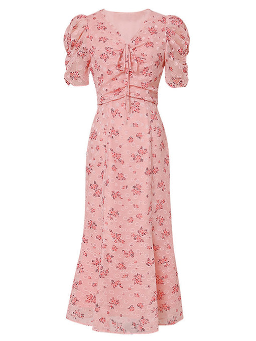 Pink V Neck Floral Print 1940S Mermaid Chiffon Dress