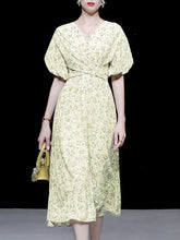 Load image into Gallery viewer, Yellow V Neck Floral Printed Cross-Tie 1950S Vintage Dress