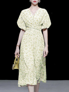Yellow V Neck Floral Printed Cross-Tie 1950S Vintage Dress