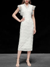 Load image into Gallery viewer, White V-Neck Lace Midi Vintage Wedding Dress
