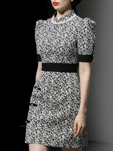 Black Jacquard Vintage Style Mini Cheongsam Dress