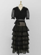 Load image into Gallery viewer, 2PS V-Neck Puff Sleeve Mesh Polka Dot Black Top And Cake Skirt Suit