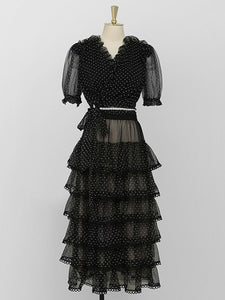 2PS V-Neck Puff Sleeve Mesh Polka Dot Black Top And Cake Skirt Suit