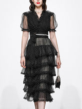 Load image into Gallery viewer, 2PS V-Neck Puff Sleeve Mesh Polka Dot Black Top And Cake Skirt Suit
