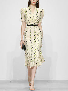 Apricot V Neck Retro Puff Sleeve Waist Slim Print 1940S Fishtail Dress