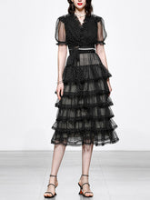 Load image into Gallery viewer, 2PS V-Neck Puff Sleeve Mesh Polka Dot Black Top And Cake Skirt Suit