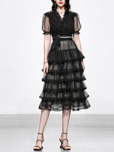 2PS V-Neck Puff Sleeve Mesh Polka Dot Black Top And Cake Skirt Suit