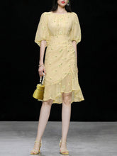 Load image into Gallery viewer, 3 Color Crew Neck Lantern Sleeve Ruffle Embroidered Beaded Fishtail Vintage Dress