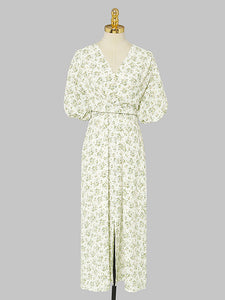 Yellow V Neck Floral Printed Cross-Tie 1950S Vintage Dress