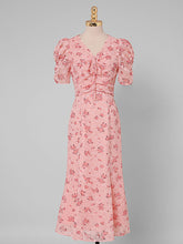 Load image into Gallery viewer, Pink V Neck Floral Print 1940S Mermaid Chiffon Dress
