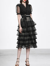 Load image into Gallery viewer, 2PS V-Neck Puff Sleeve Mesh Polka Dot Black Top And Cake Skirt Suit