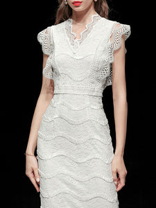 White V-Neck Lace Midi Vintage Wedding Dress