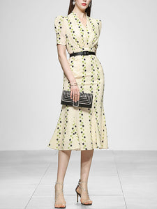 Apricot V Neck Retro Puff Sleeve Waist Slim Print 1940S Fishtail Dress