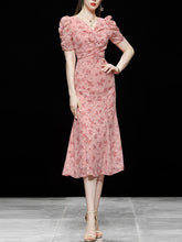 Load image into Gallery viewer, Pink V Neck Floral Print 1940S Mermaid Chiffon Dress