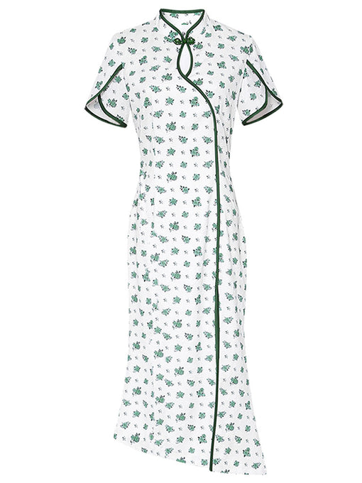Petal Sleeve Sexy Fishtail Slit Print Cheongsam Dress