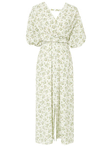 Yellow V Neck Floral Printed Cross-Tie 1950S Vintage Dress
