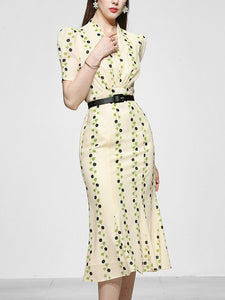 Apricot V Neck Retro Puff Sleeve Waist Slim Print 1940S Fishtail Dress