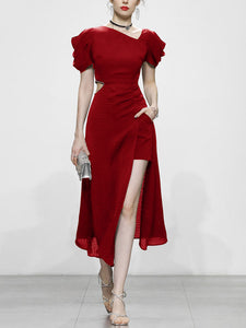 1960S Asymmetric Neck Waist Cutout Slit Party Sexy Dress