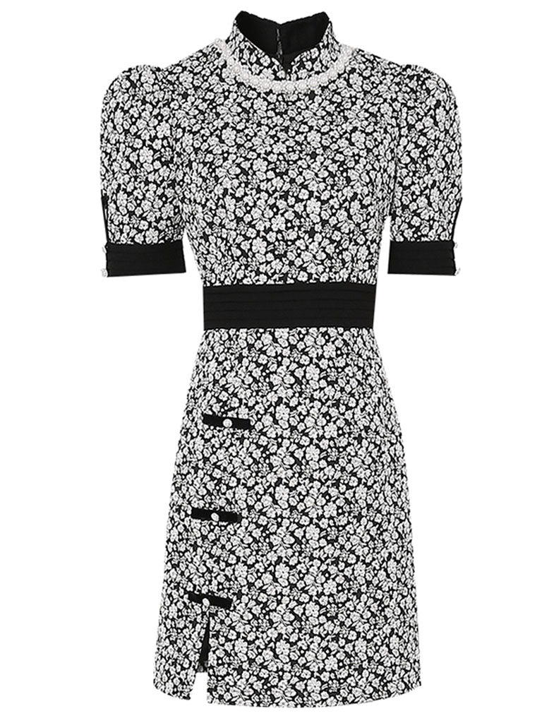 Black Jacquard Vintage Style Mini Cheongsam Dress
