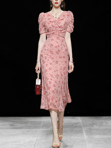 Pink V Neck Floral Print 1940S Mermaid Chiffon Dress